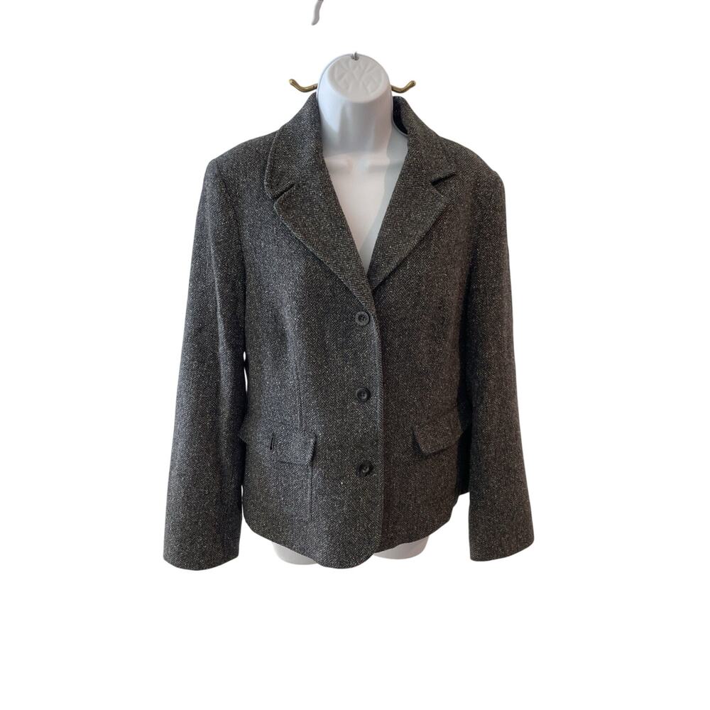 LL Bean Blazer Size L Gray Tweed 3 Button Wool Silk Blend Career Riding Jacket